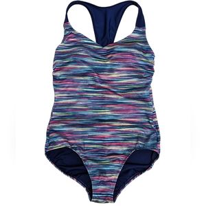 Land’s End *Sz 8*  Racer Back Blue One Piece Swimsuit Striped Removable Pads